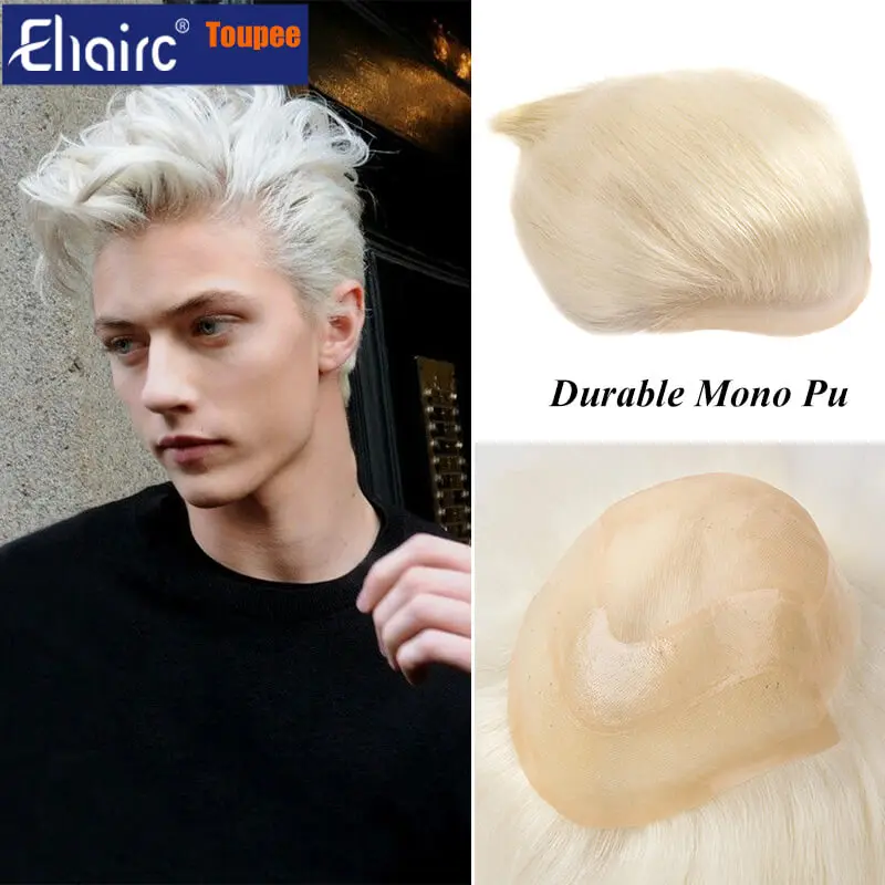 Sliver White Men Wig Lace Front with Mono Top Male Hair Prosthesis  6