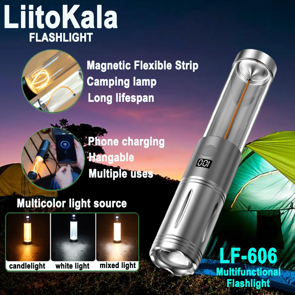 LiitoKala LF-606 キャンプ充電式強力な光多機能懐中電灯