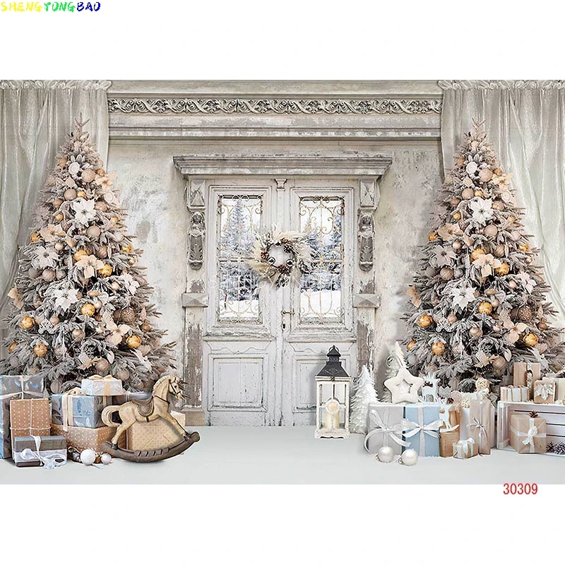 Vinyl Custom Christmas Tree Window Candy Photography Backdrop Wooden Doors Snowman Cinema Pine New Year Background Prop LA-51
