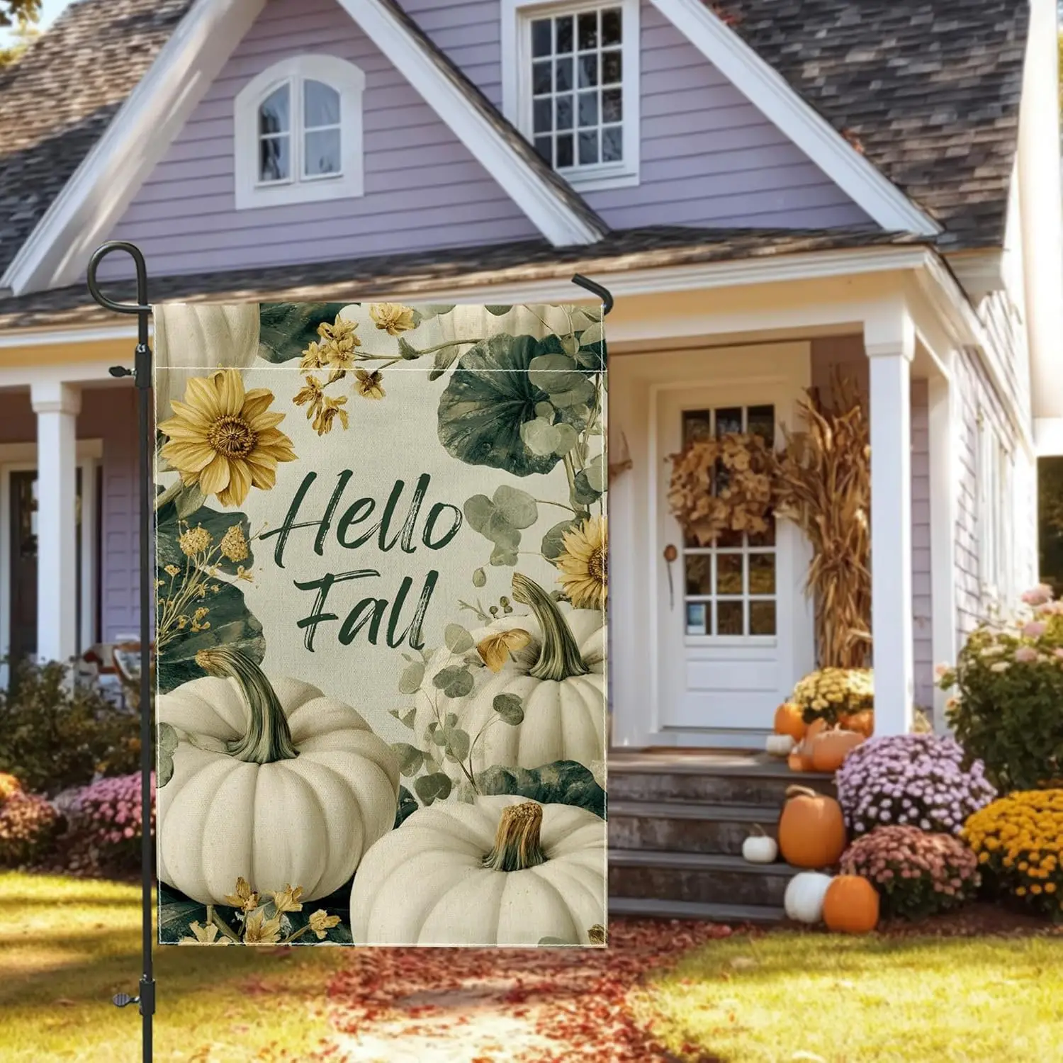 Autumn Floral Garden Flag, Yellow Sunflower Pumpkin Home Decor Banner, Double Sided Burlap Yard Flag Seasonal Outdoor Lawn D AAO