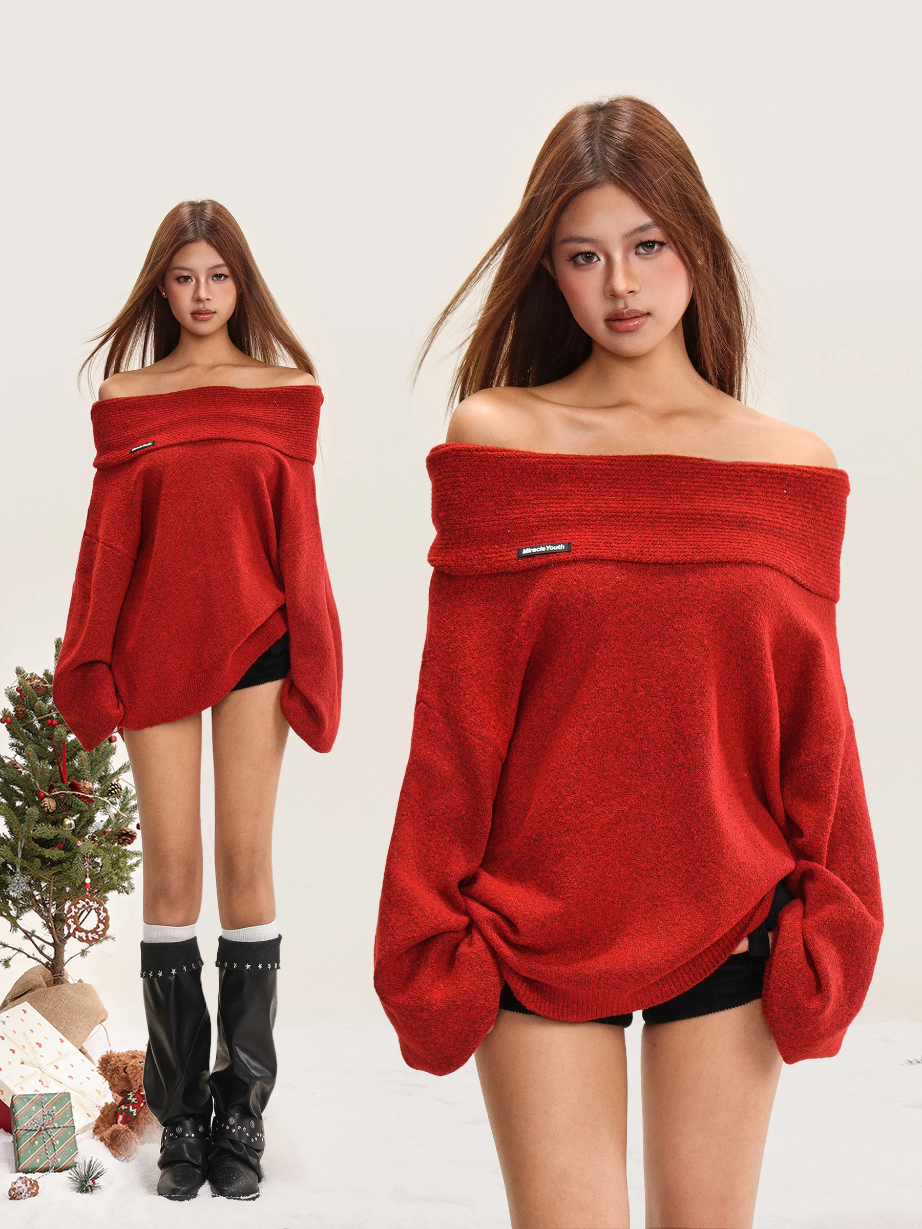 

Sle Off-oulder Knitwear Red Loose Fit Women's Sweater New Year's Casual Boredom-Free oulder Exposure Top