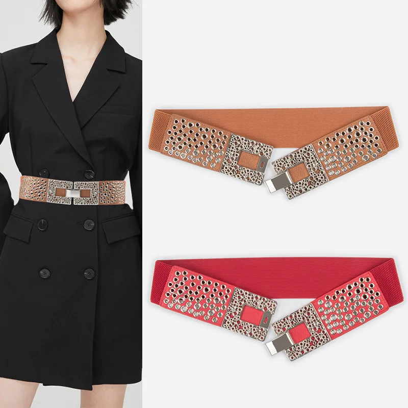 

Fashion Metal Rivets Elasticated Belt Women's Personalised Dress Suit Accessories Temperament Waist Seal Leather Belt