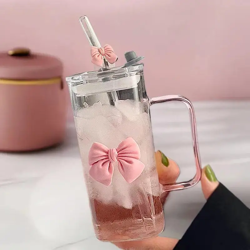 

Cartoon Bow Glass Cute Striped Cup; Doodle Design, Suitable for Fruit Teas, Lemonade, Coffee Lover Girls Gift