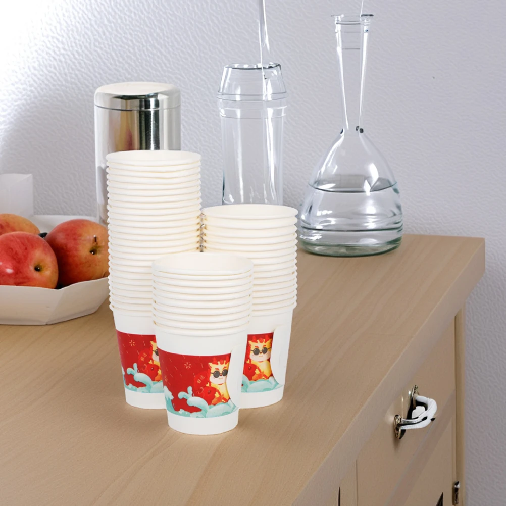 

100 Pcs Paper Cups Handle Chinese Party for Beverages Supplies Thicken Themed Disposable New Year Banquet