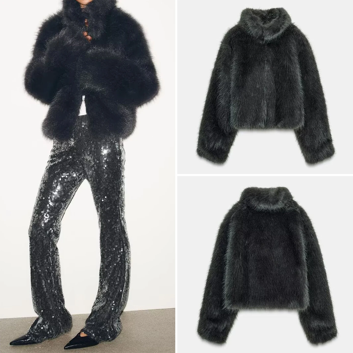 

Z Women's Faionable Artificial Fur Coat with Rope Knot Bule Autumn 2025 Loose Fit Long Sve Color
