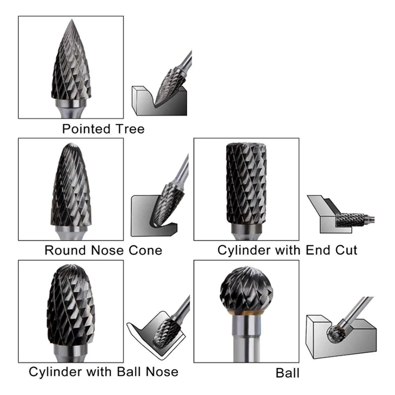 Conjunto de rebarbatanas rotativas, cabeça com haste, arquivo de corte duplo, brocas, polimento, gravação, perfuração, 5 unidades, 12mm