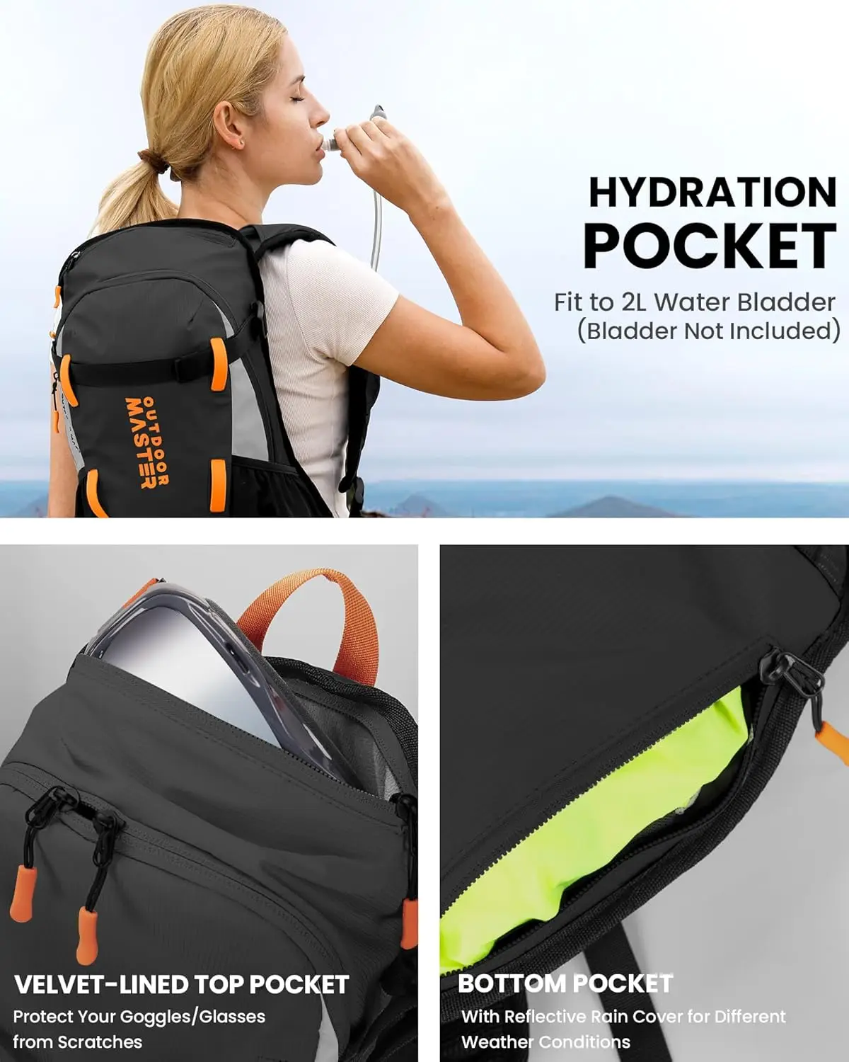 عبوة ترطيب الثلج، حقيبة نهارية للسفر سعة 18 لترًا للتزلج على الجليد والتزلج والمشي لمسافات طويلة وركوب الدراجات - مصنوعة من مواد معاد تدويرها - أسود