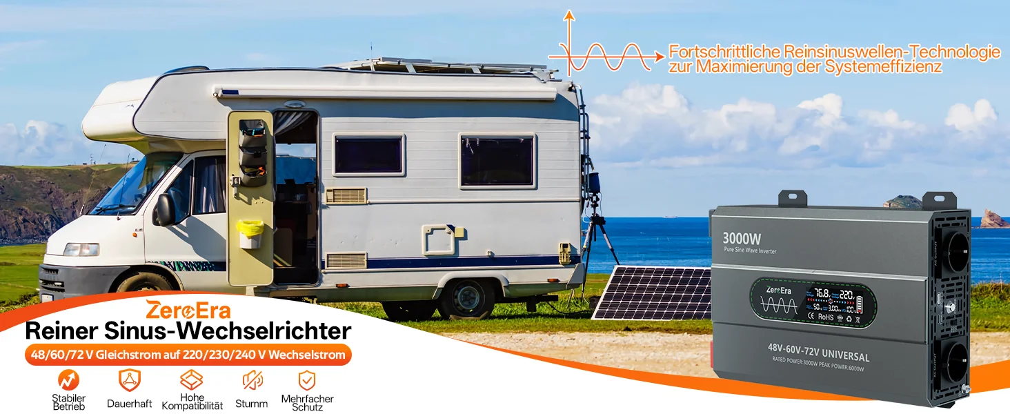 ZeroEra 48V/60V/72V Reiner Sinus-Wechselrichter 3000W Ausgangsleistung zu AC 230V 50Hz mit EU-Steckdosen, Fernbedienung, LCD-Bildschirm für Wohnmobil, LKW, Camper, Reisen, Zuhause, EU-Lagerbestand – Detail 1