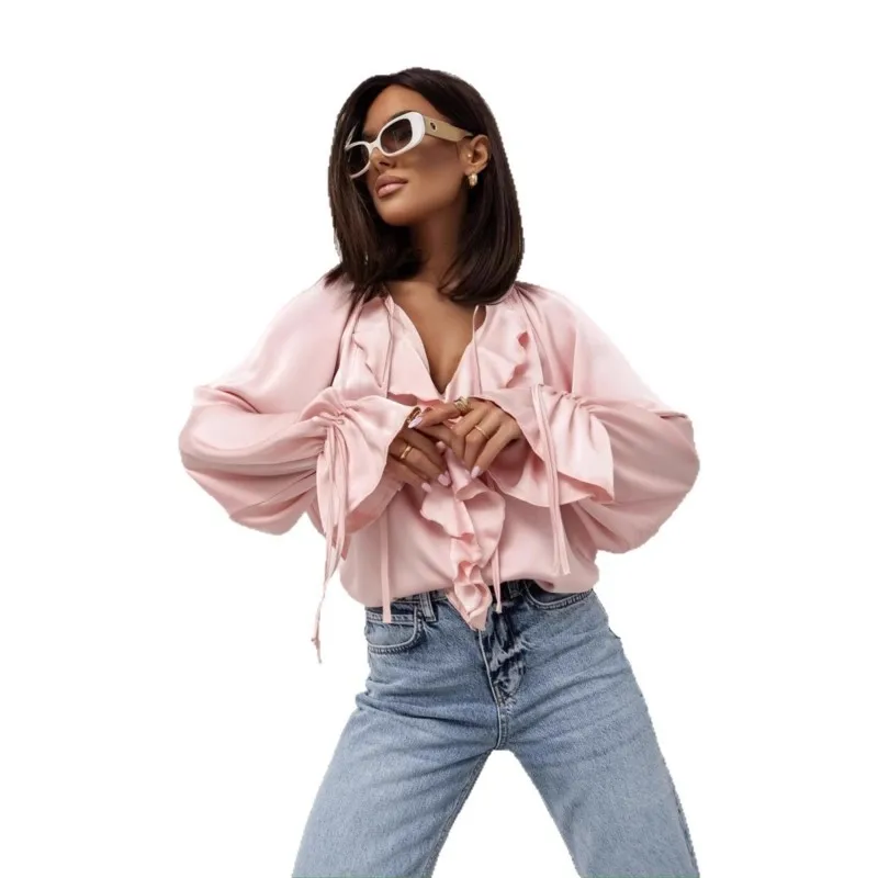 Elegant Temperament Flared Sleeve Blouses Shirts Spring Summer O-neck Lace Up Women RuffleOffice Ladies Loose Long Sleeve Shirt