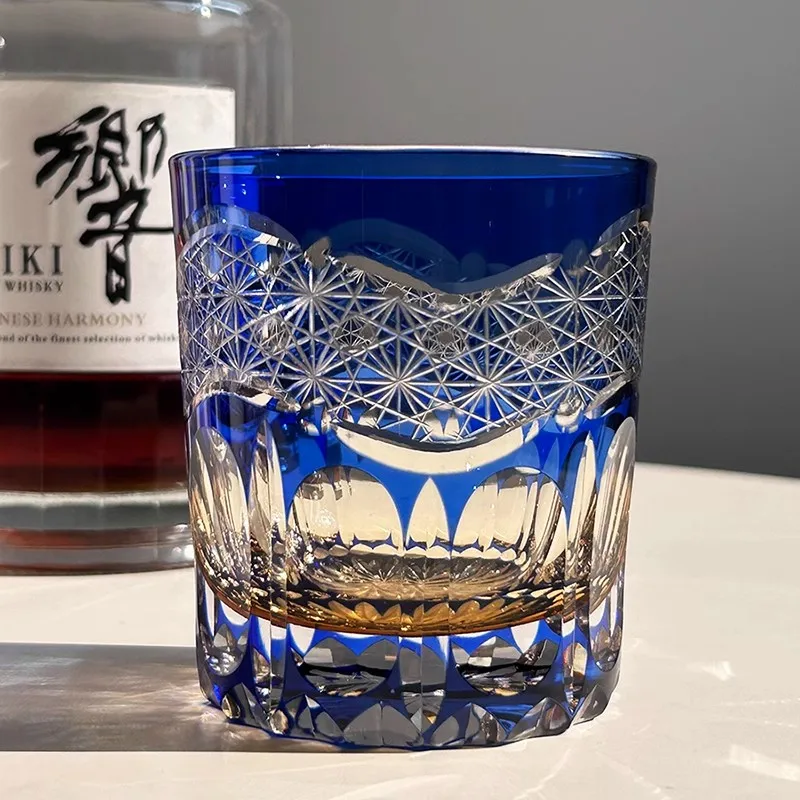 Japanese Edo Kiriko  Whiskey Glass , Hand Carved, Wooden Box Gift, Thick Bottom Wine Glass