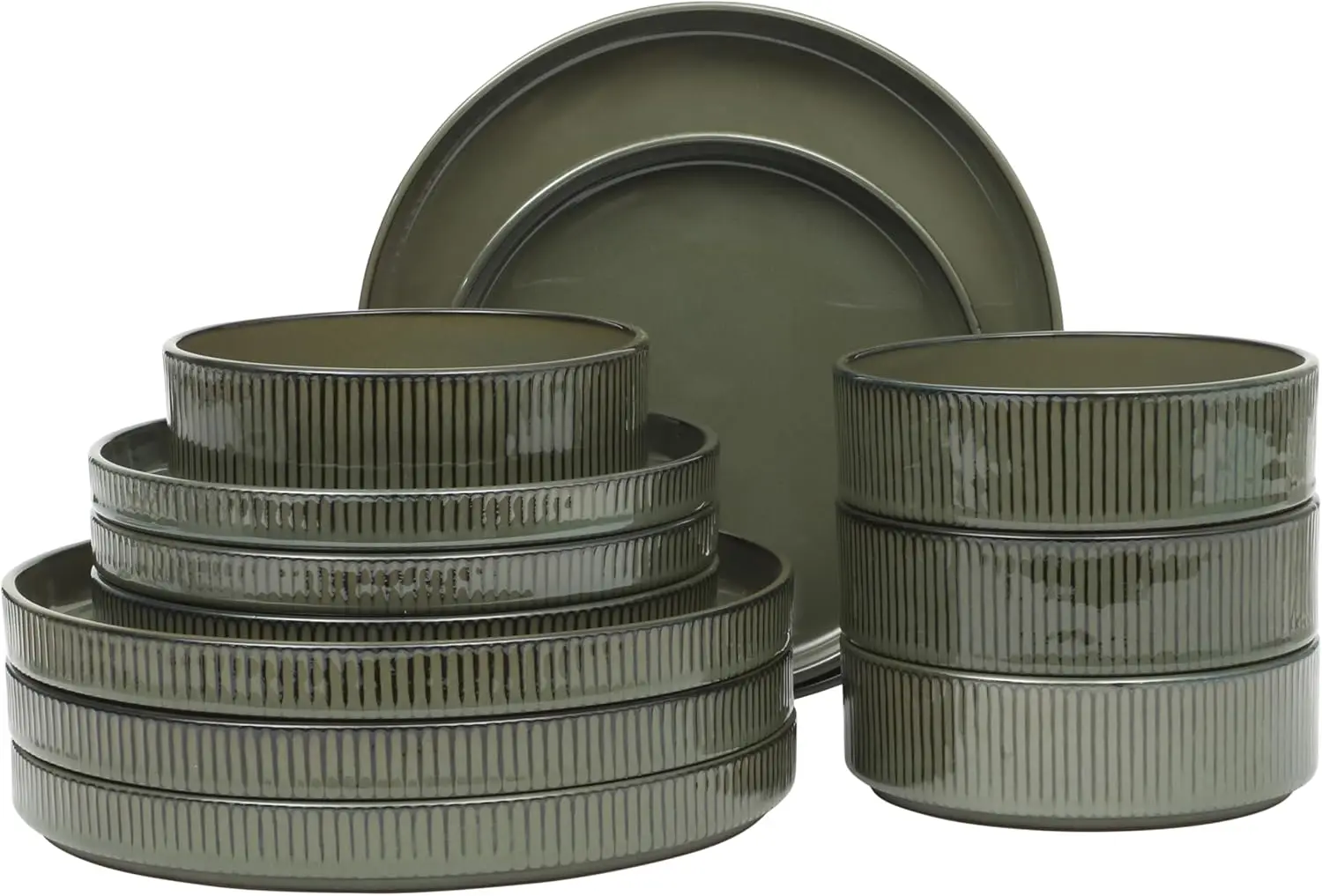 

12-Piece Dinnerware Set, Terracotta Ceramic Plates and Bowls, Service for 4, Reactive Glaze, Embossed Round Dishes, Dark Green