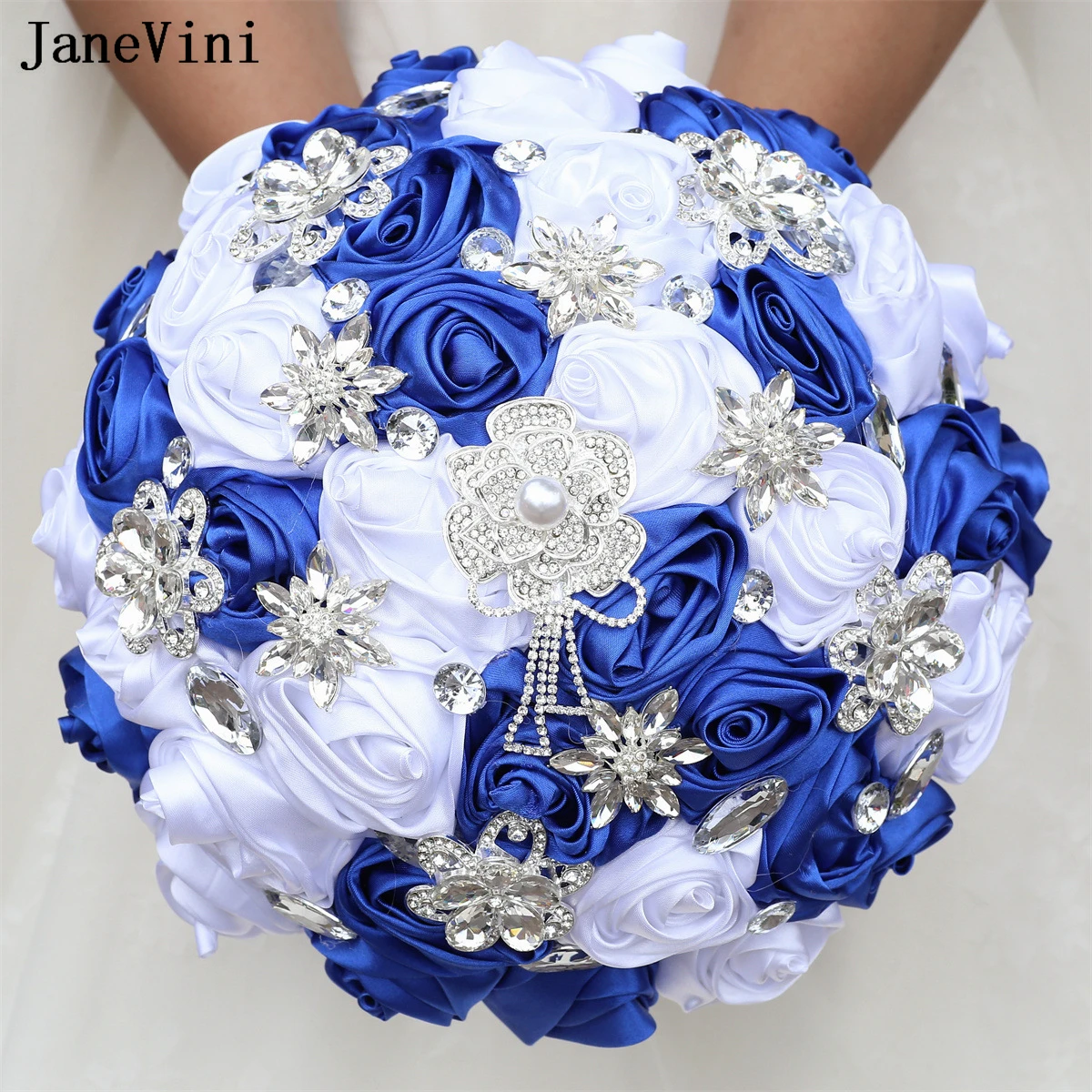 

JaneVini Sparkly Silver Rhinestone Bouquet Royal Blue Wedding Flowers Artificial Satin Roses Bridal Bridesmaid Wedding Bouquets