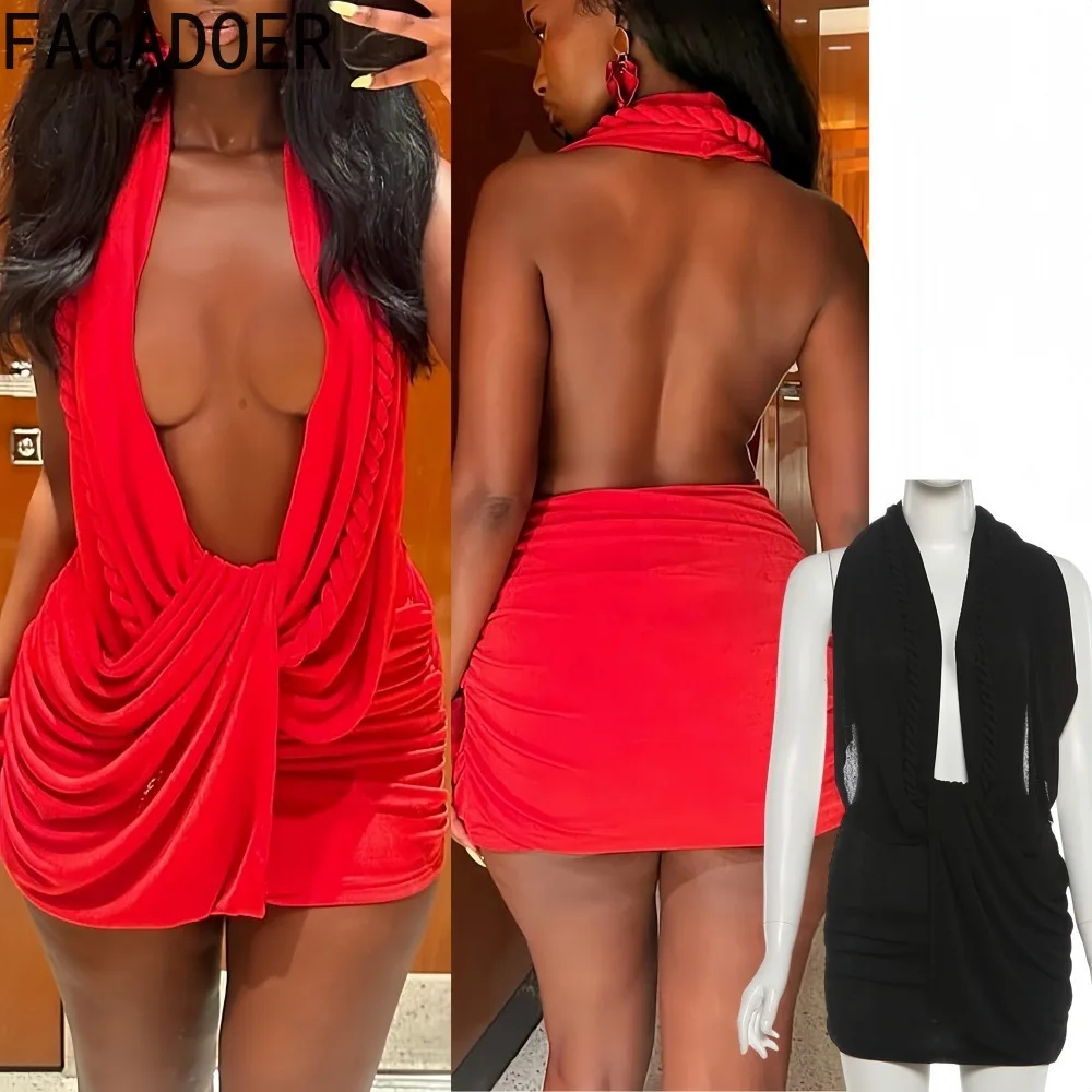 

FAGADOER Sexy Ruched Patchwork Bodycon Mini Dresses for Women Halter Sleeveless Backless Dress Female Streetwear Vestidos 2026
