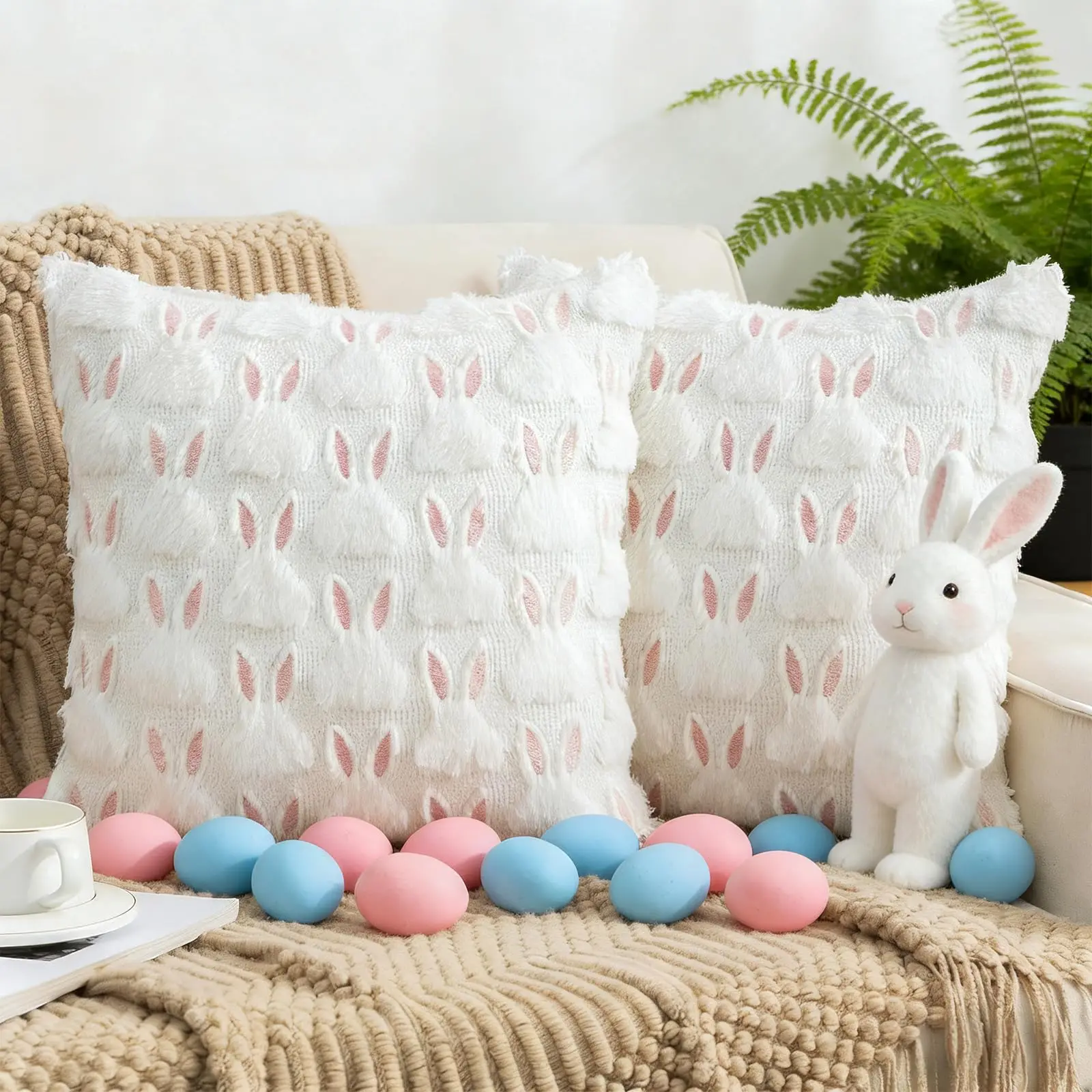 

Cute Pink White Rabbit Pillow Covers Set of 2,Easter Throw Pillow Covers,3D Bunny Soft Plush Faux Fur Couch Pillow Cover Case
