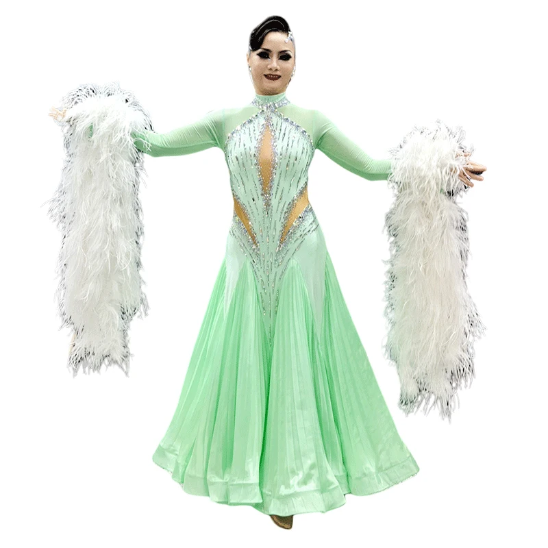 

B-24113-1 Платье для бальных танцев международного стандарта на заказ для женщин, одежда из спандекса/полиэстера для выступлений на сцене, атласный шифон