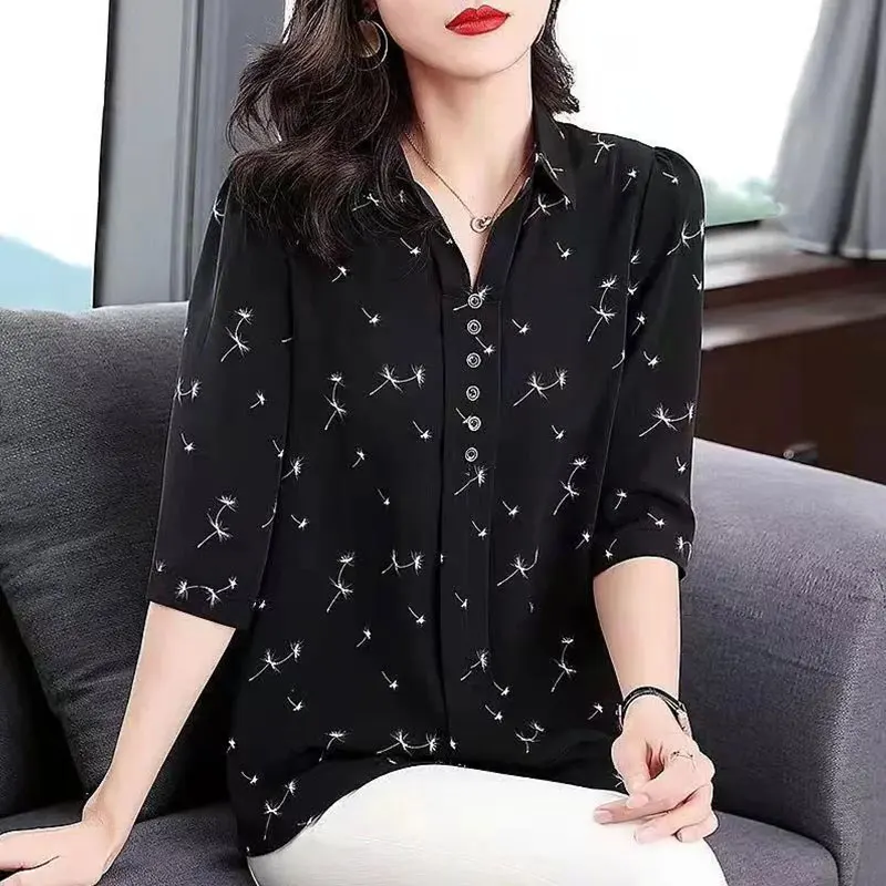 Women Summer Simplicity Fashion Elegant Turn-down Collar Shirts Women Clothes Casual Trend Floral Casual Loose Temperament Tops