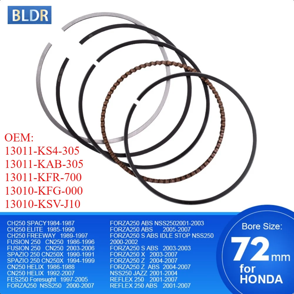 Anillos de Pistón de 72 mm para Honda CH250 SPACY ELITE FREEWAY FUSION 250 CN250 HELIX SPAZIO NSS250 JAZZ REFLEX FORZA250 ABS