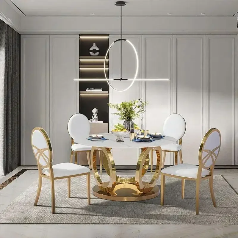 Design high-quality luxury metal leg marble dining table set, marble dining table set