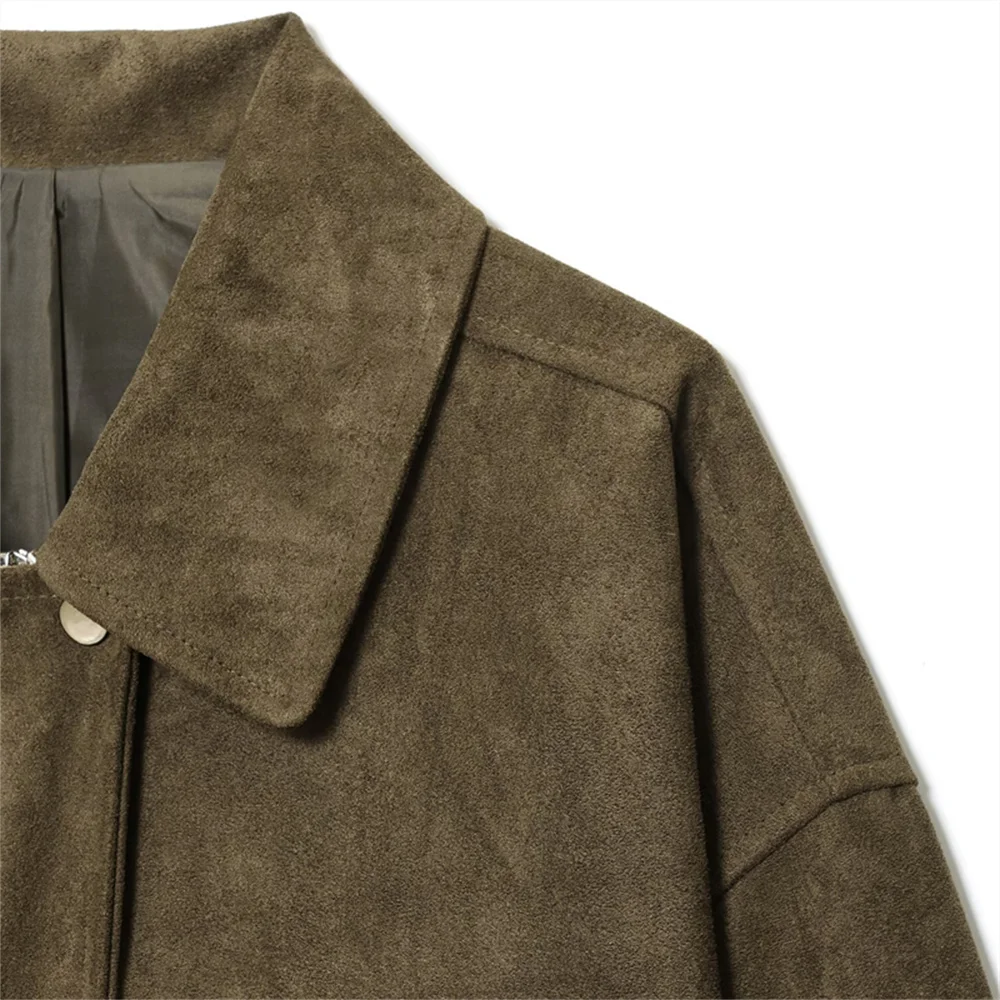 أزياء نسائية جديدة غير رسمية فضفاضة نمط ملابس العمل مع جيوب كبيرة وسترة طيار جلدية بسحاب #4