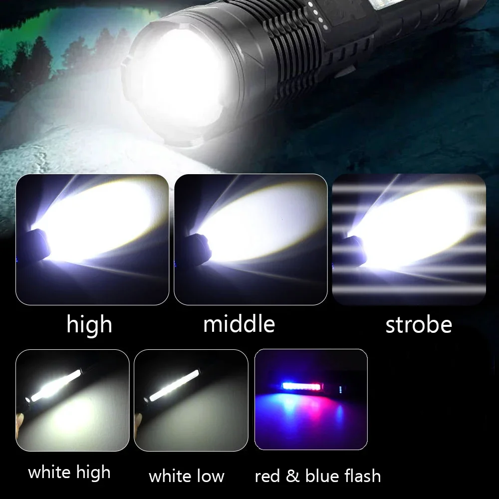 LED Flashlight USB Rechargeable Torch High Power Strong Light Flashlight Long Range Tactical Zoom Lamp Outdoor Camping Lantern