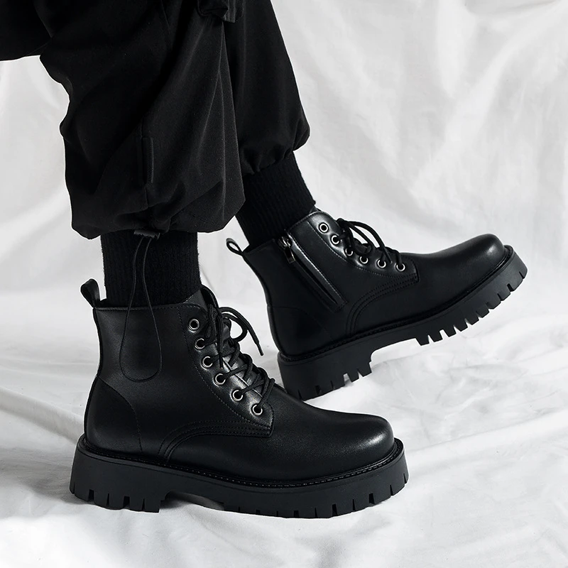 New Fashion Lace Up Casual Mens Boots Mens Thick Sole Ankle Boots Trendy Comfortable Mens Classic Black Motorcycle Boots Zapatos