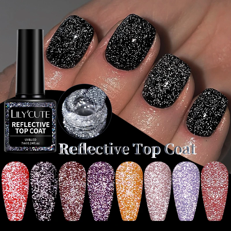 LILY'CUTE 7ml Reflective Glitter Top Coat Gel Nail Polish SparkingFlash Nail Art Design Soak Off UV LED Salon Varnish Manicure