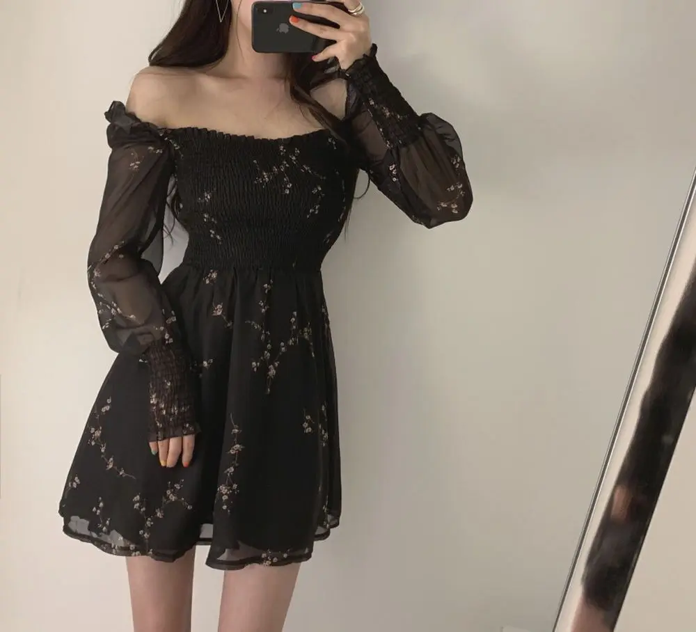 

Spring Womens Sexy Black Dress Vintage Flower Long Puff Sleeve Chiffon Dresses Korean Casual Mini Vestidos Mujer Clothes