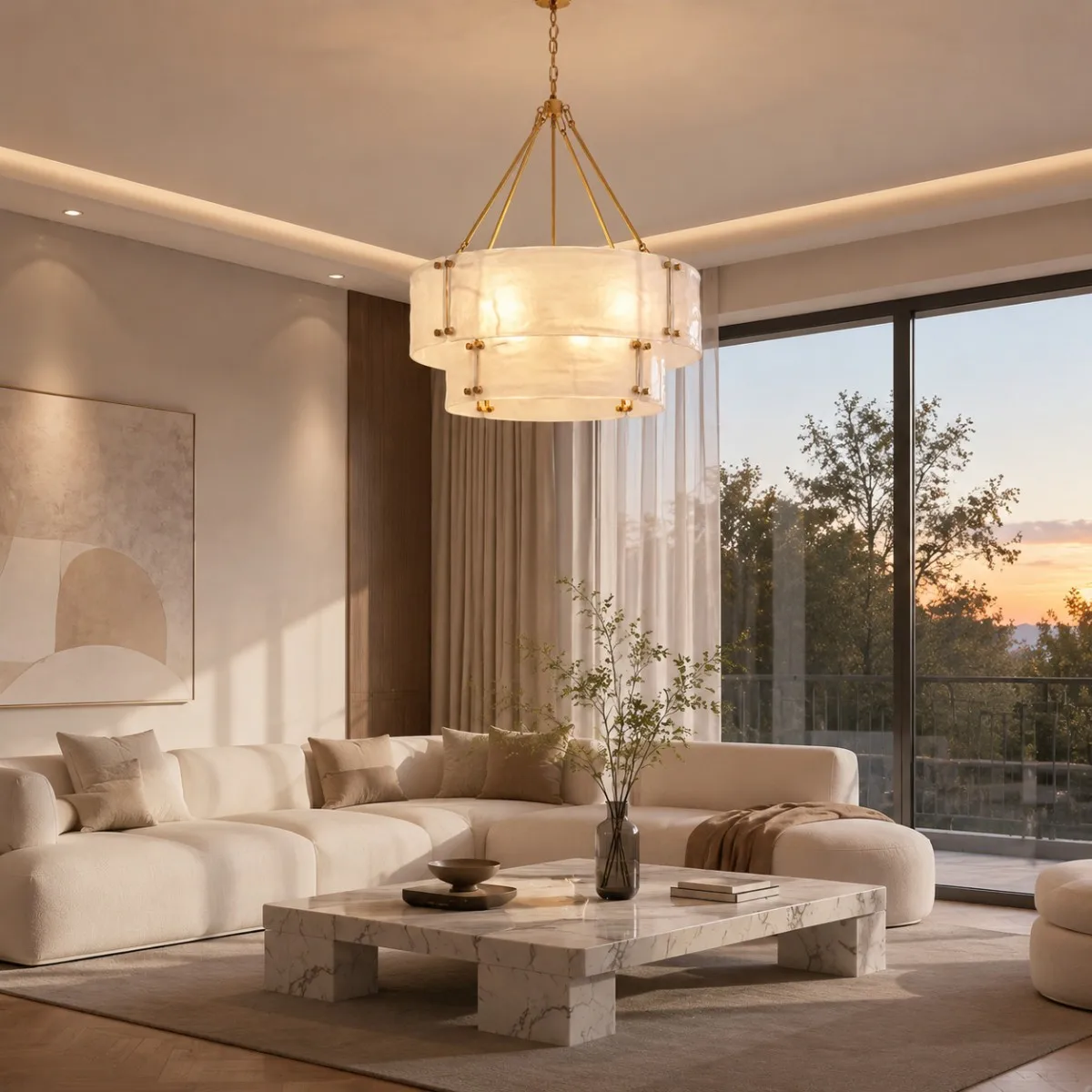 Modern Luxury 2026 2 Tier White Glass Drum Chandelier Brass Frame Pendant Light Fixture for Living Room Dining Villa