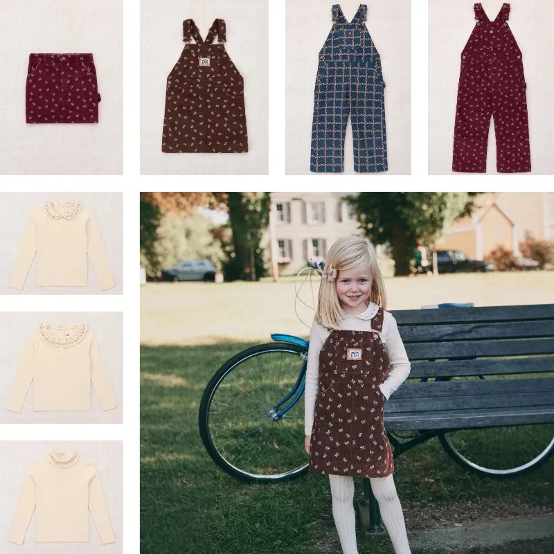 2026 AW MP Girls Cross-Back Corduroy Overalls & Long Sleeve Top Set – Floral Butterfly All-Over Print 2-Piece Casual Outfit