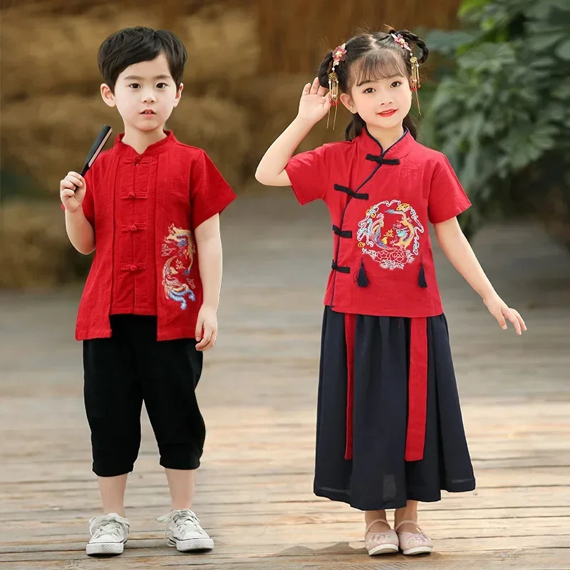 New Boys And Girls Chinese Style Traditional Retro Red Hanfu Dragon Phoenix Embroidery Tang Suit Two Piece Set Role Play Costum