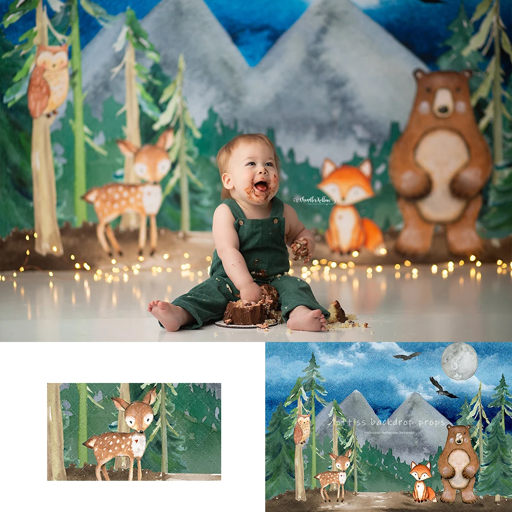 

Watercolor Woodland Backdrops Adult Kids Cake Smash Photography Child Baby Photocall Jungle Forest Animals Background