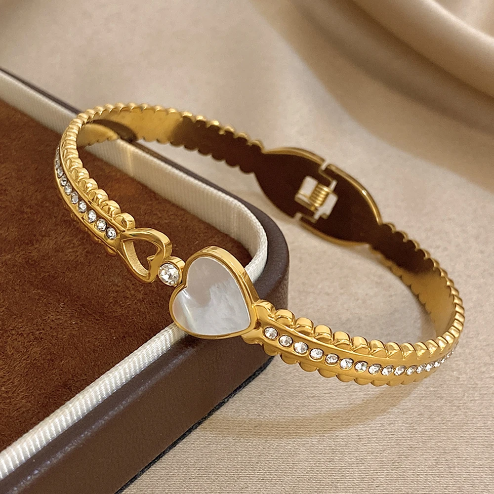 أنيقة الفولاذ المقاوم للصدأ مطعمة شل القلب الزركون الكفة سوار للنساء الرجال الزفاف الزفاف المفتوحة الإسورة مجوهرات عيد الحب