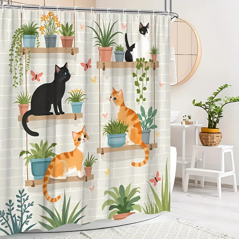 1pc Fresh Healing Theme Style Shower Curtain, with a White Brick Wall as the Background, with Multiple Cats and All Kinds of Gre