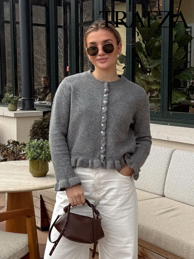 TRAFZA Women's Winter Fashion Stacked Decorative Knitted Long Sleeve Cardigan Female Elegant Warm Single Breasted Casual Sweater image 5