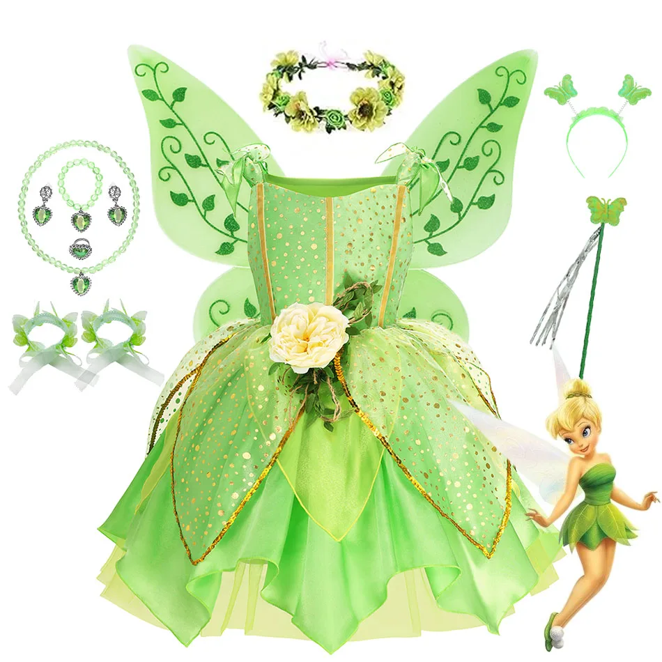 

Disney Flowers Fairy Tinkerbell Costume Princess Dress Set for Girls Tinker Bell Birthday Party Clothes Halloween Cosplay Outfit