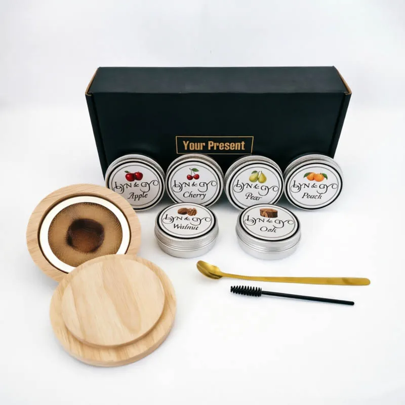 Natural Solid Wood Wine Glass Lid Smoker 6-Flavor Wood Chip Set Mixology Set for Adding Smoked Flavours to Whisky and Cocktails