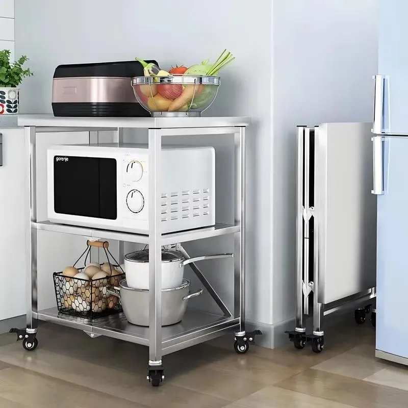 Folding Modern Stainless Steel Storage Table with Brake Wheels 2 Shelves Stackable Durable Kitchen Island Cart
