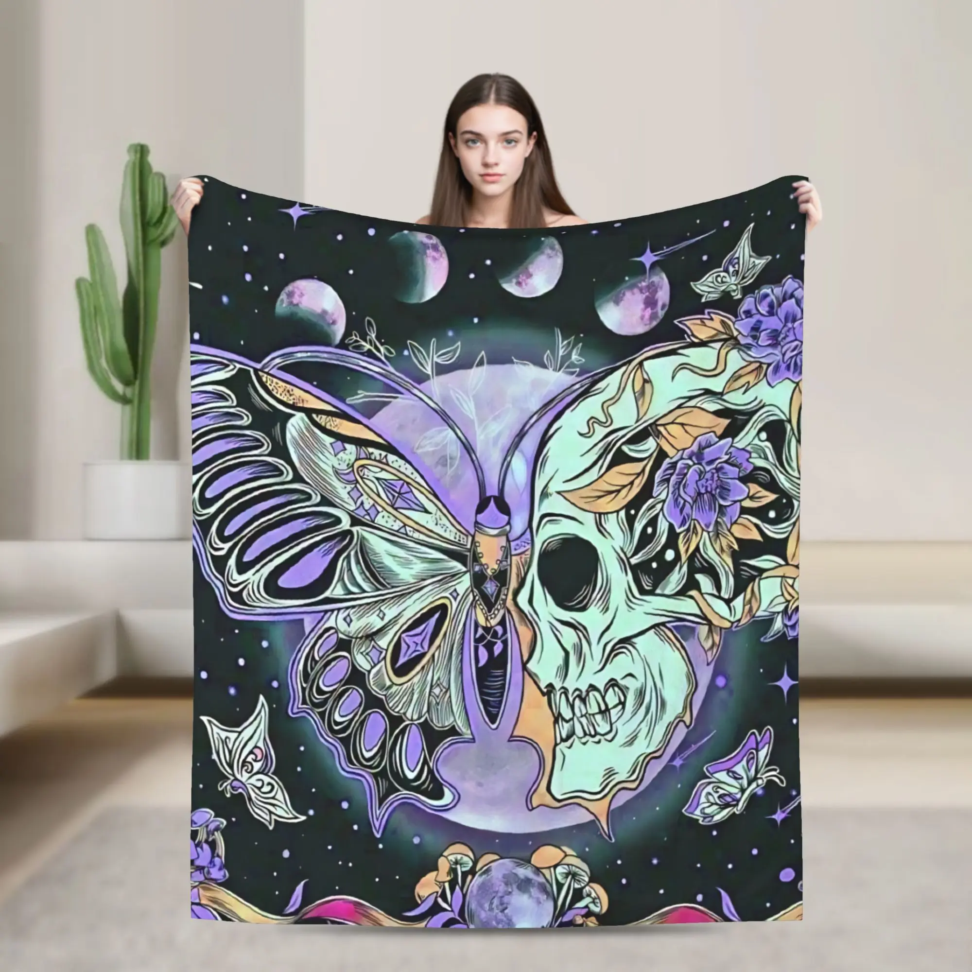 Mandala Skull Butterfly Blankets Flannel Halloween Moon Lightweight Thin Throw Blanket for Outdoor Travel Bedspread