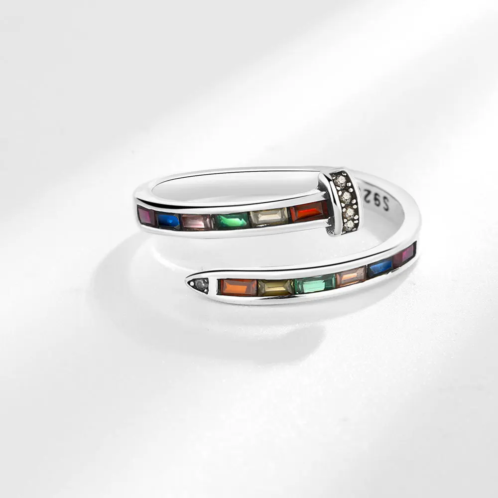 925 Sterling Silver Rainbow Colorful Zircon Nail Shaped Ring for Women Girls Fashion Party Adjustable Fine Jewelry Birthday Gift