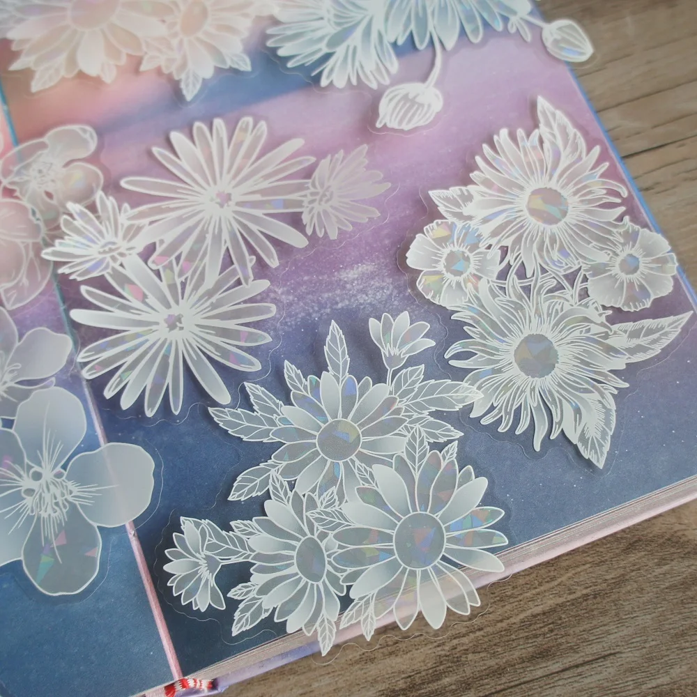 10pcs Laser White Hydrangea Lily Rose Flowers Style Sticker Scrapbooking DIY Gift Packing Label Decoration Tag