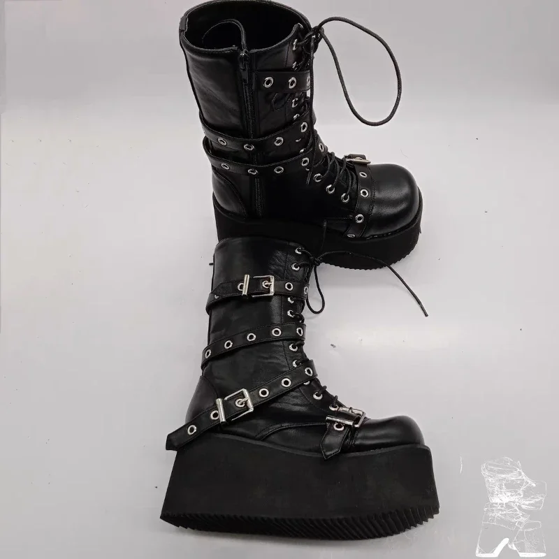 Women\'s Black Punk Couture Platform Boots Round Toe Belt Buckle Side Zipper Gothic Cosplay Pumps Autumn Shoes for Women