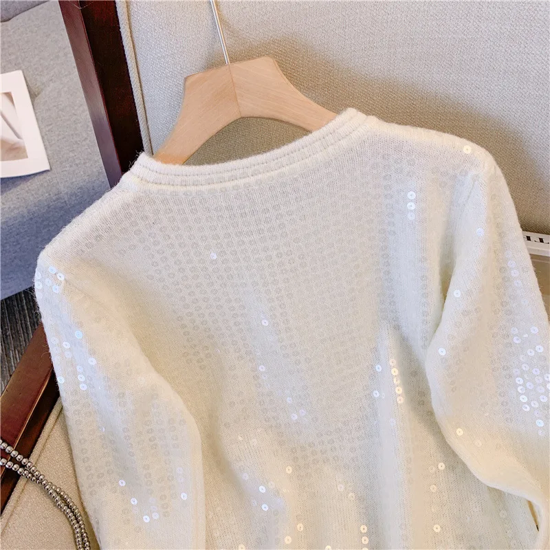 High Quality Long Sleeve Sequined Knitted Cardigan Coat for Women 2023 Spring and Autumn New Elegant Short Socialite Sweater Jac