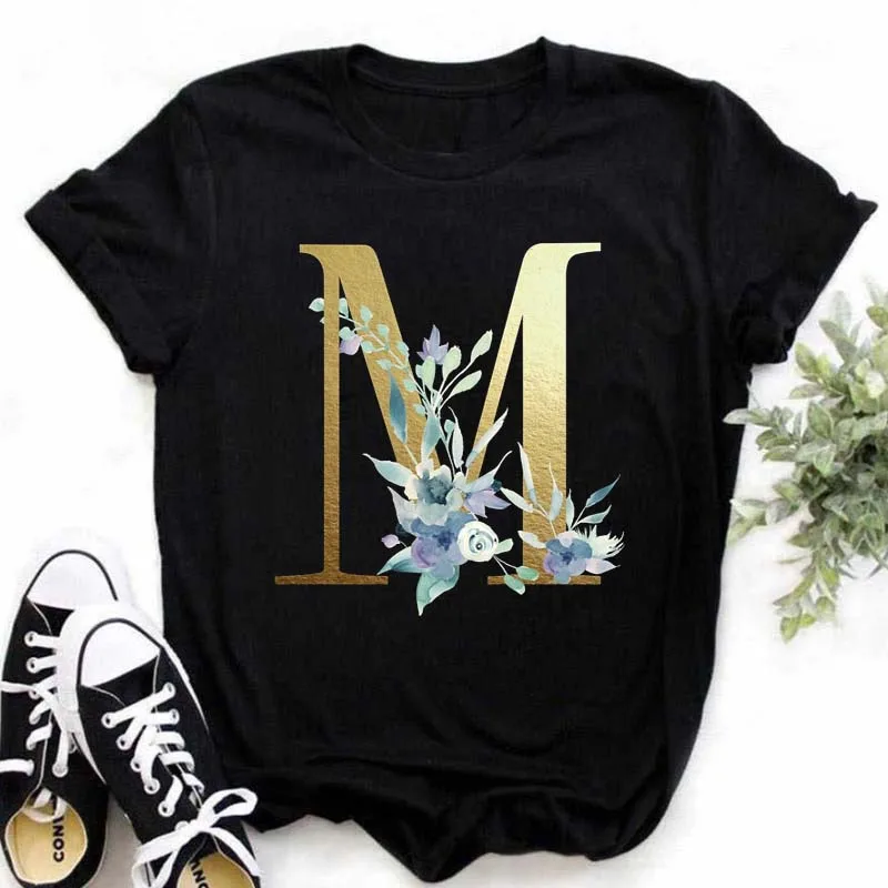 Maycaur Gold Alphabet with Blue Flowers A B C D Letter Print Women T Shirt Customize Name T Shirt Short Sleeve Female Tees Tops