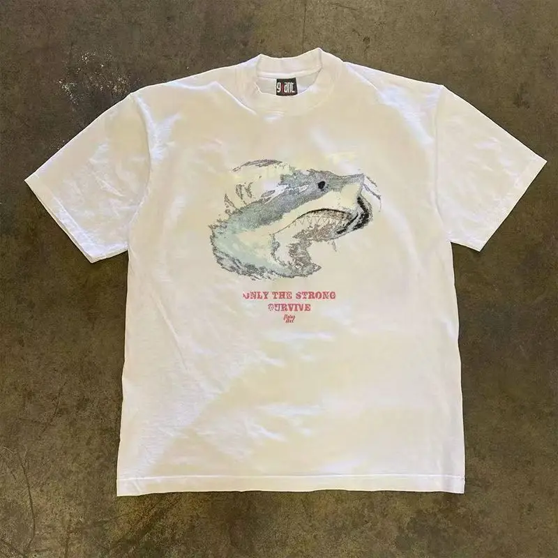 2026 New Vintage Shark Print T Shirt Resimyliff Letter Graphic Y2K Streetwear Loose Casual Cotton Tops for Men Women