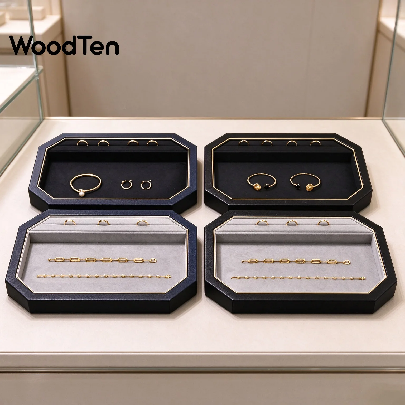 WoodTen Octagonal Luxury Jewellery Showcase Tray Lined Jewelry Holder for Ring Earring Necklace Retail Counter Display Props