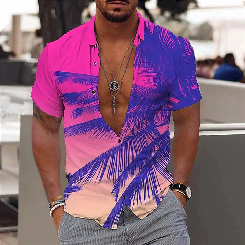 Camisa havaiana com estampa colorida 3D masculina, coqueiro, roupas casuais de grandes dimensões, tops de manga curta, moda