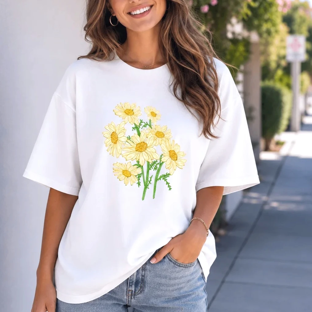 Fresh Harajuku Yellow Chrysanthemum Womens T-shirt Pattern Round Neck Short Sleeve Casual Tshirt Casual Street Top Free Shipping