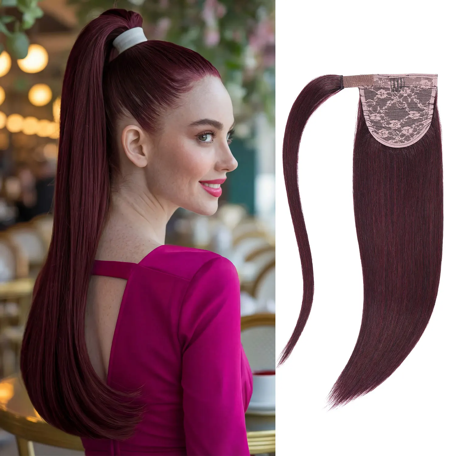 

# Накладной хвост 99J бордового цвета, натуральные прямые волосы, накладной хвост с невидимой магической застежкой.