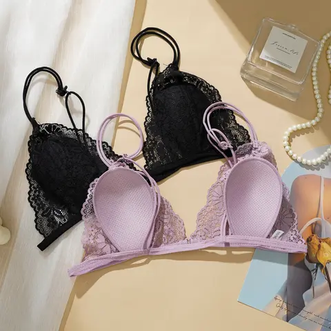 French Triangle Cup Sexy Bra for Women with Small Chest Ultra-thin Lace Thin Straps Beautiful Back Front Buckle Bra