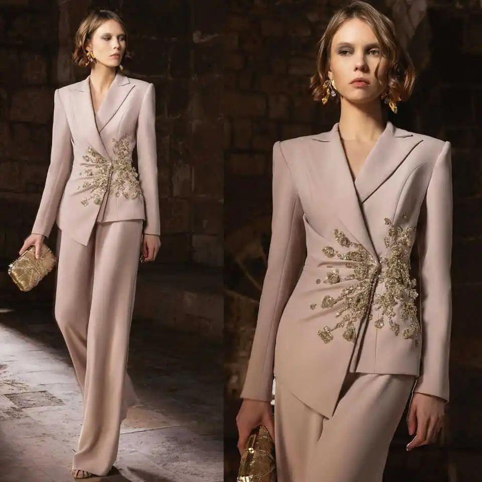 

Graceful Women Suit 2 Pieces Sequins Appliques Jacket Blazers Formal Office Ladies Customized Wedding Prom Wear